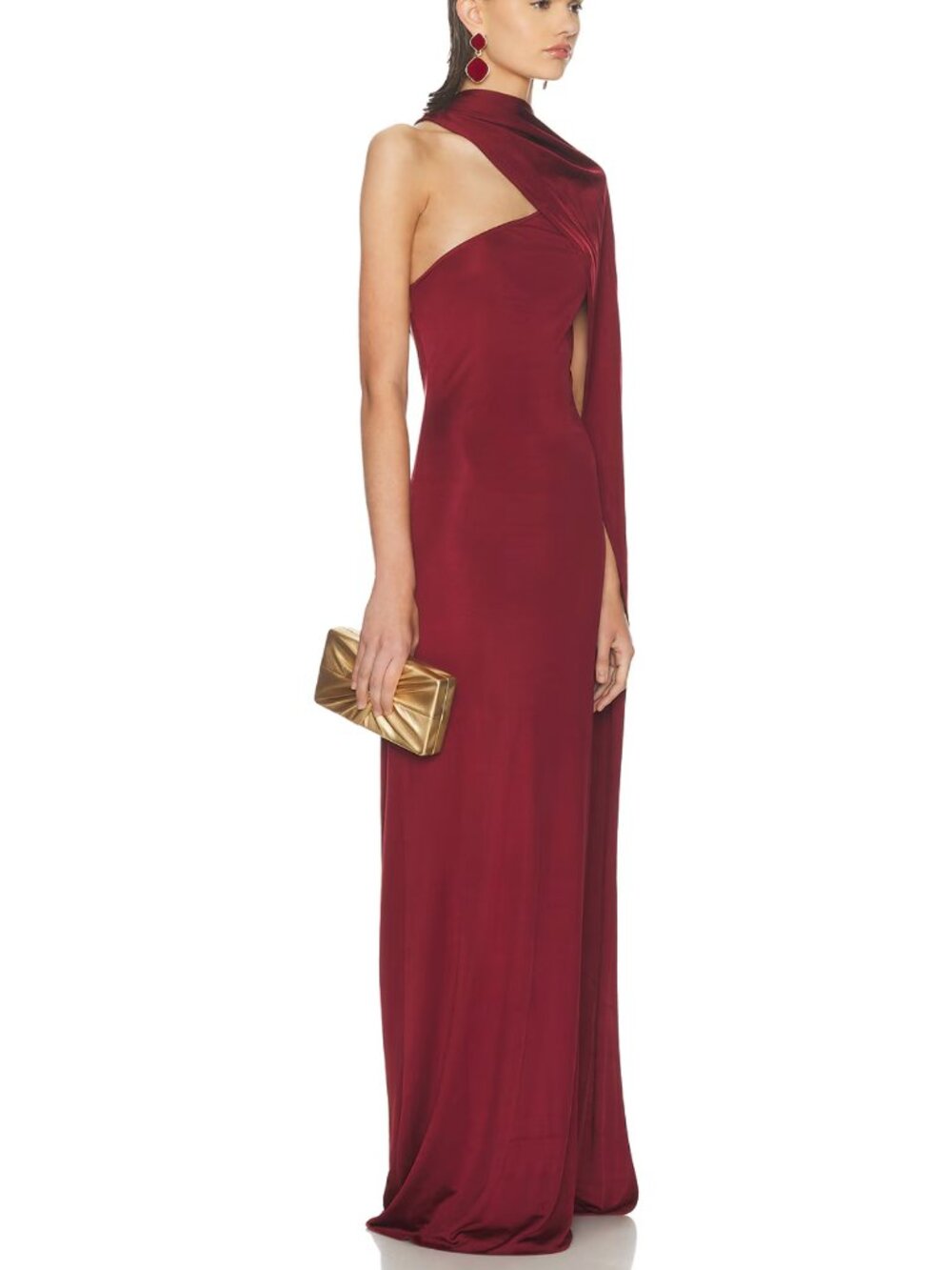 Helsa The Muse Cape Jersey Maxi Dress in Oxblood Red One Shoulder Formal Gown S - Picture 3 of 5